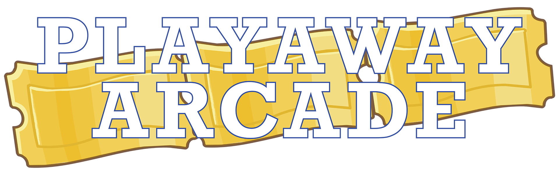 Playaway Arcade logo. Playaway Arcade in text over an image of golden tickets.